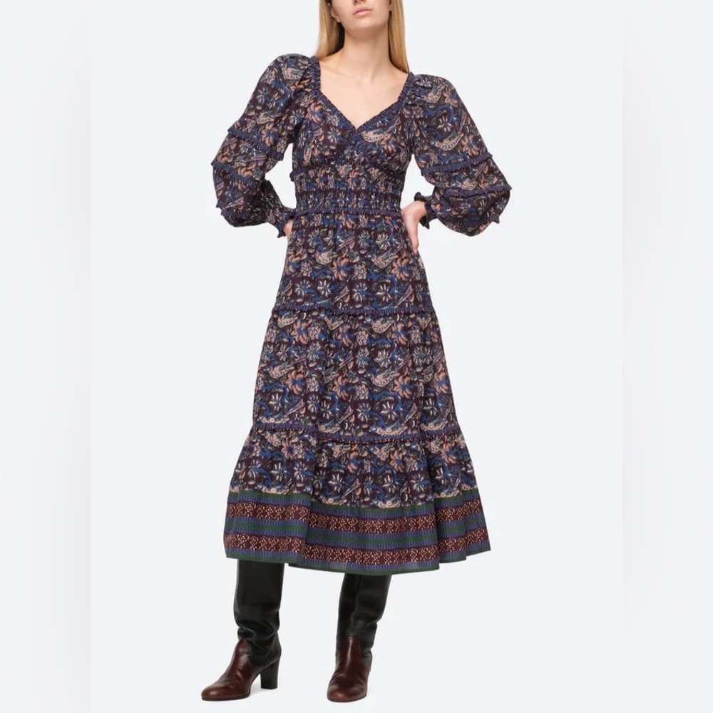 SEA New York Womens 8 Noah Long Sleeve Smocked Midi Dress Navy Purple